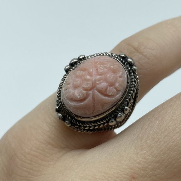 Vintage Pink Carved Stone Cab Flowers Bali Design Sterling Silver SIZE 5.25 Ring - Picture 2 of 5